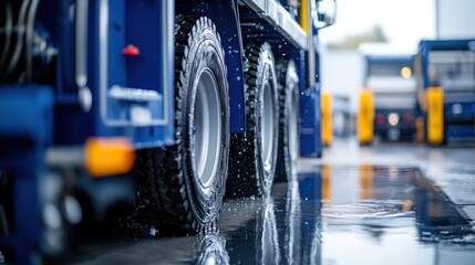 Naklejka premium Close-up of wet truck tires after rain.