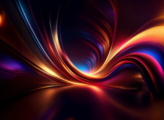 Abstract swirling light streaks in vibrant hues of red, orange, blue, and purple create a dynamic, hypnotic vortex against a dark background.  The luminous, flowing lines suggest movement and energy.