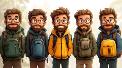 Naklejka premium Five hikers, forest backdrop, illustration, avatars, adventure