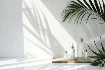 Fototapeta premium Appreciate the elegance of skincare items with a minimalist aesthetic, presented in chic white bottles featuring a stylish tropical leaf shadow design for a sophisticated and modern appearance