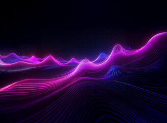 Abstract landscape of glowing neon purple and blue waves flowing across a dark background.  The image evokes a feeling of energy and movement.