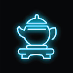 Neon blue icon of a teapot standing on a small table, glowing on a black background
