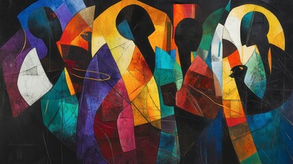 A Vivid Tapestry of Abstract Human Forms in a Dynamic Composition