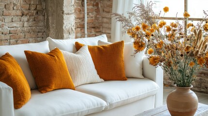 Cozy living room sofa with orange pillows, dried flowers, and brick wall