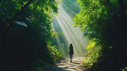 A Woman Walks a Path Through a Sunlit Forest