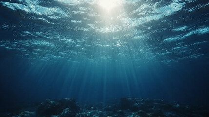 Fototapeta premium Deep blue ocean with penetrating sunlight showcasing vast underwater depth and solitude concept minimalistic bright tone modern blurred background with empty blank caption space on the side