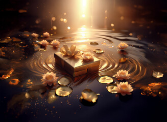A golden gift box floats serenely on a shimmering, golden water surface, adorned with delicate pale pink water lilies and falling petals.  A divine light shines from above.