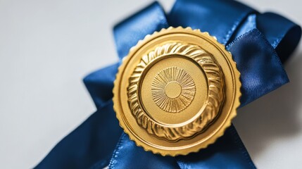 Gold seal or medal and blue ribbon isolated