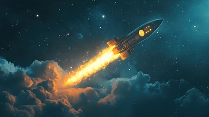 Rocket Launch into the Cosmos: A powerful rocket ascends through a dramatic night sky, its fiery trail blazing across a canvas of stars and clouds, symbolizing ambition, innovation.