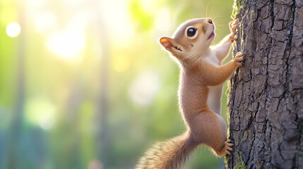 Obraz premium Adorable Red Squirrel Climbing Tree in Sunny Forest