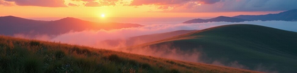 Steppes at dawn with mist rising from the ground, landscape, vast