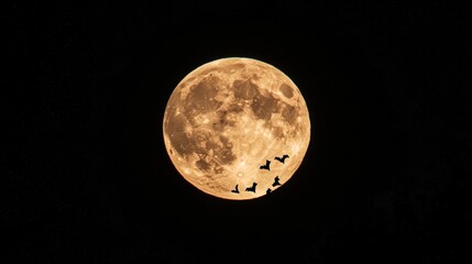 Full Moon and Flying Birds: A captivating photograph captures the ethereal beauty of a full moon as it hangs high in the velvety night sky.