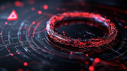 A futuristic red biometric scanner processes swirling data, symbolizing advanced technology in identity verification.