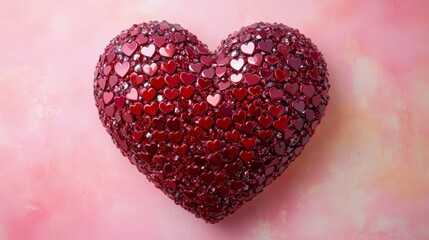 Obraz premium Many red metallic textured hearts in form of a big heart on pink backdrop. Valentine day background. 3d render illustration. 3D Illustration