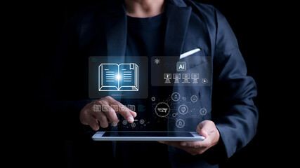 E-learning program certificate and online education learning workshop training.Male and female students icons virtual screen and Video lesson online classes on the internet.