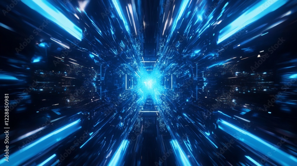Wall mural abstract glowing blue circuit board with futuristic holographic interface, digital data flow and ai-