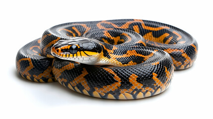 Obraz premium Black and orange snake coiled on white background, studio shot, reptile, wildlife photography, ideal for nature documentaries