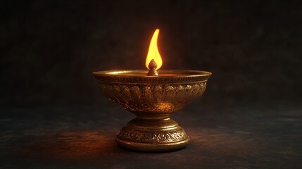 Close-up of a single diya lamp with intricate mandala carvings on its base isolated on a clean black background with ample space for text