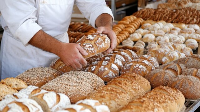 A baker arranges an array of freshly baked loaves, each with a unique texture and crust, in a bustling bakery setting.