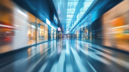 Abstract Blurred Technology Background with Defocused Lights and Futuristic Space in a Business Corridor or Shopping Mall, Representing Modern Innovation and Digital Transformation


