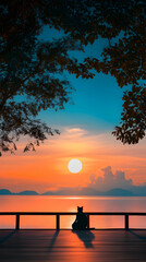 Cat silhouetted at sunrise, ocean view, peaceful morning, tranquil scene, perfect for relaxation themes