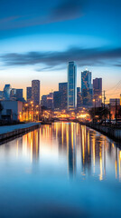 Obraz premium Cityscape at dawn, reflections in canal, urban background, ideal for travel brochures