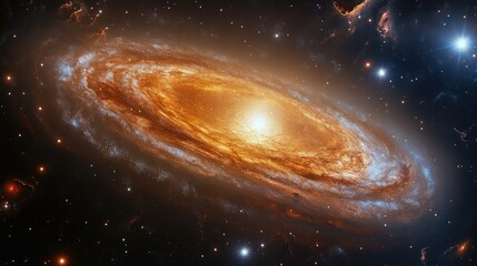 Obraz premium Stunning spiral galaxy illuminated by bright stars against a dark cosmic background, showcasing celestial beauty