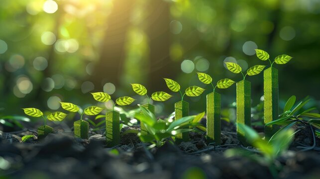 Green bar chart with blurred forest background, merging digital technology and nature to represent futuristic data visualization and analysis interface.