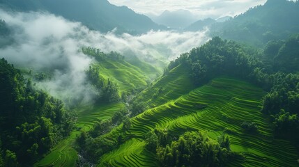 Fototapeta premium Misty Mountain Rice Terraces, Aerial View