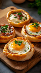 Delicious fried egg pastry tarts on wooden board, kitchen background, breakfast food