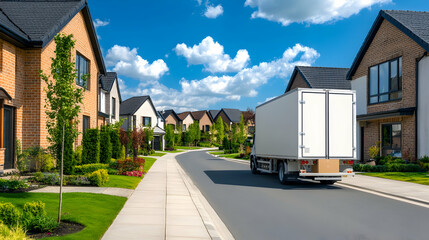 Delivery truck on residential street, sunny day, houses background; ideal for logistics, moving, or real estate