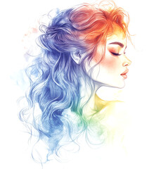 A woman with long blue hair and a rainbow colored face. The hair is styled in a bun and the face is painted with a light pink lip color