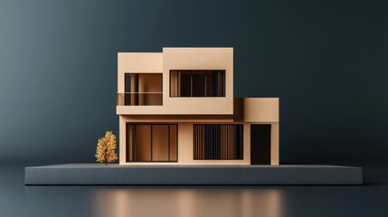 Contemporary minimalist house with cream and brown tones, isolated on a dark background for a striking visual.