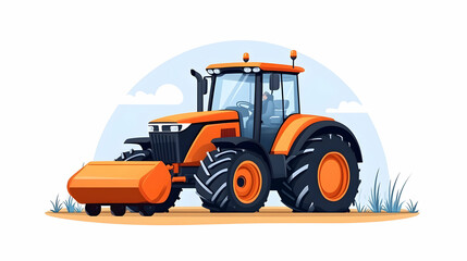 Naklejka premium Farmer operating orange tractor mowing field, rural landscape background. Agricultural machinery illustration for farming websites
