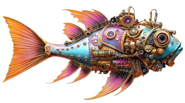 Steampunk fish mechanism design, isolated white background, digital art, for sci-fi illustration
