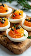 Festive salmon deviled eggs appetizer on wooden board