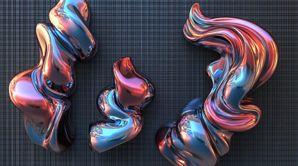 fluid iridescent metal sculptures with abstract chrome shapes and 3d rendered designs in digital art featuring metallic textures, colors, and modern backgrounds