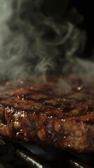 Close-up of a grilled steak with smoke rising
