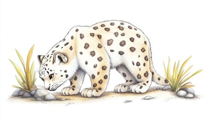 Fototapeta premium Pale Snow Leopard in Watercolor Illustration with Yellow Green Grasses