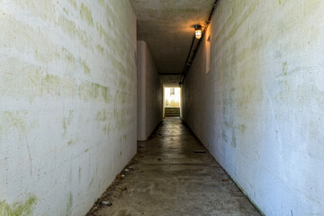 Sunlight at the end of a dark hallway beneath an abandoned WWII artillery bunker