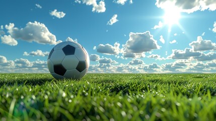 Fototapeta premium A black and white soccer ball on lush green grass under a sunny blue sky with white clouds, highlighting the freshness of the field and the excitement of the game.