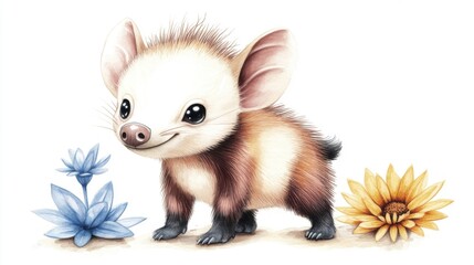 Obraz premium Adorable Cartoon Baby Piglet Among Blue and Yellow Flowers Watercolor Illustration