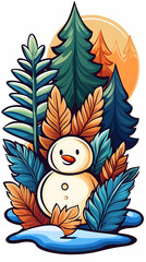 Happy snowman in winter forest, sunset background; holiday greeting card