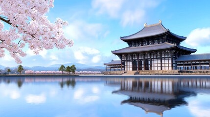 Fototapeta premium Japanese Temple with Cherry Blossoms and Reflection in Calm Water
