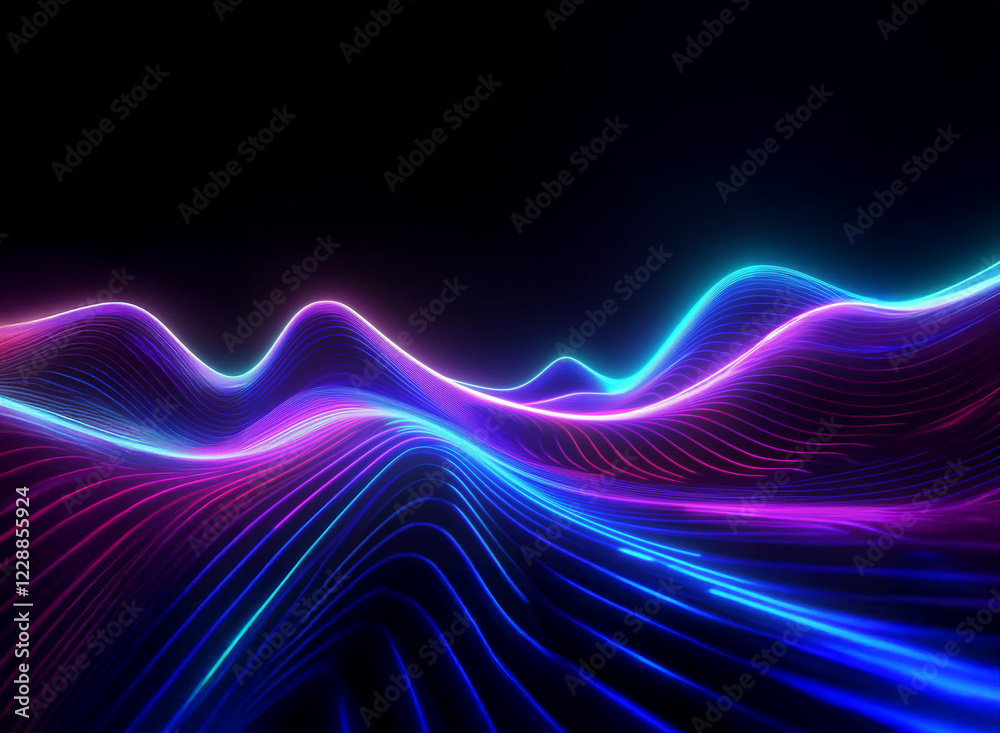 Wall mural glowing, vibrant neon lines form undulating waves across a dark background, creating an abstract lan