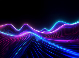 Glowing, vibrant neon lines form undulating waves across a dark background, creating an abstract landscape of light and energy.