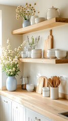 Light kitchen shelving with flowers, dishes, and utensils.  Ideal for home decor blogs