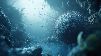 Detailed virus structure with spikes extending outward, suspended in a fluid-like blue environment.