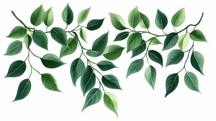 Lush green foliage branches, botanical illustration, white background, design element