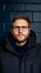 Obraz premium Man in glasses, dark jacket, brick wall background, portrait for website profile